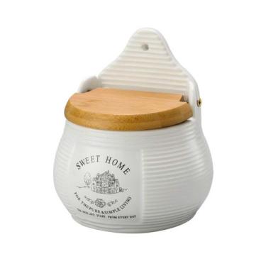 Imagem de Saleiro de Cerâmica com Tampa de Madeira Sweet Home 9cm x 14cm - Lyor,