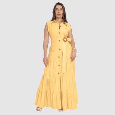 Imagem de Vestido Feminino Longo Camadas Botões Com Cinto Social Luxo - SWISS BO