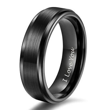 Imagem de Shuremaster aliança de casamento de carboneto de tungstênio de 6 mm 8 mm para homens e mulheres borda de degrau preta/prata gravada I Love You ajuste confortável 4-15