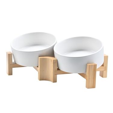 Imagem de SPUNKYJUNKY Tigela inclinada de cerâmica para cães e gatos de 15° com suporte de madeira, tigela inclinada para comida e água para buldogue não escorrega para gatos, cães médios, grandes animais de