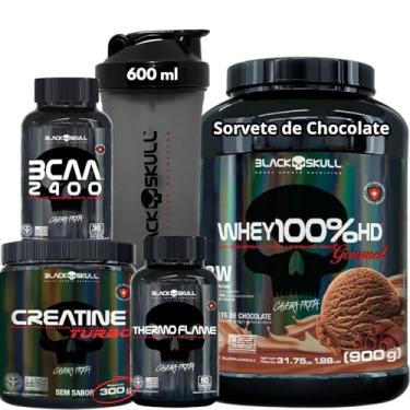 Imagem de Kit Suplemento Whey Protein 100% HD POTE Gourmet + Creatina Monohidratada Turbo 300g + Termogênico Thermo Flame + Bcaa 2400 + Coqueteleira Shaker (900, Whey Sorvete de Chocolate)