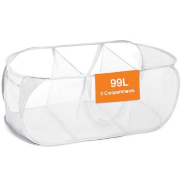 Imagem de Bemkoo Cestos de Roupa Dobráveis Duráveis, Cesto de Roupa Dobrável de Malha Pop-Up, Cesto de Roupa Suja de 3 Compartimentos, Cestos de Roupa Fáceis de Transportar e Separar para La (3 Compartimentos)