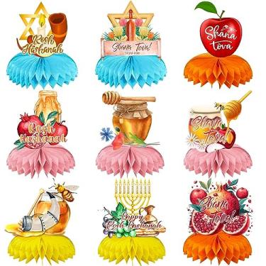 Imagem de 9 peças de centro de mesa Rosh Hashaná decorações de favo de mel, pote de mel de maçã Shana Tova vermelho romã placa de topo de mesa para decoração de festa de ano novo judaico Rosh Hashaná