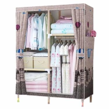 Imagem de Guarda-roupa Armário de guarda-roupa resistente dobrável grosso madeira maciça montado oxford pano único tecido dormitório aluguel pano guarda-roupa armário