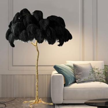 Imagem de Candeeiros de chão românticos candeeiros de mesa para sala de estar quarto decoração natural de penas de avestruz luminária de pé simples moderna luz de leitura regulável com interruptor de pé