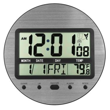 Imagem de Relógio atômico, relógio de parede digital redondo de 23 cm operado por bateria com temperatura, data e segundos - horário automático, fácil de configurar, alumínio prata