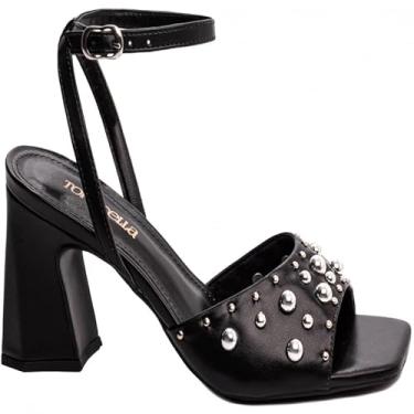 Imagem de Sandália Feminino Apliques Na Cor Prata Salto Grosso 7,5 (Preto, BR, Adulto, Numérico, 34)