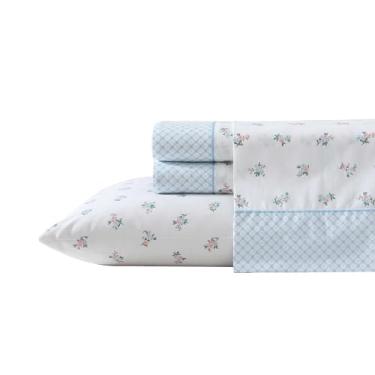 Imagem de Laura Ashley - Conjunto de lençóis, roupa de cama de algodão percal respirável, 200 fios, bolso profundo, decoração de casa chique (azul Harperette, casal)