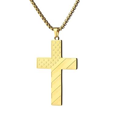 Imagem de Colar de cruz de aço inoxidável para homens meninos banhado a ouro real 18K corrente pingente de bandeira americana versículo da Bíblia colares inspiradores 45/50 cm, 18 inches, Aço inoxidável, Sem Pedra Preciosa