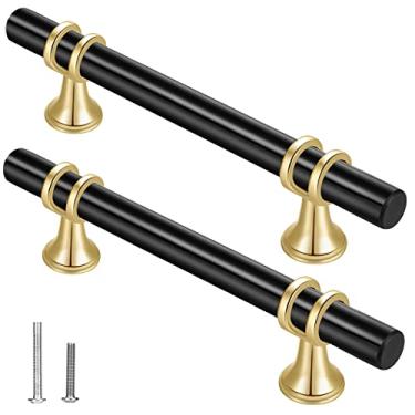 Imagem de 6 peças puxadores de armário, armário de mobiliário, puxadores de gaveta Headsitg 12 cm preto e dourado liga de zinco para banheiro, puxador de armário de cozinha de luxo com puxadores de armário de cozinha com 3,78 cm centro