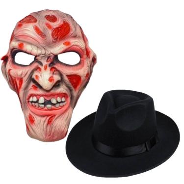 Imagem de Kit Fantasia Freddy Krueger Máscara De Latex + Chapéu Fantasia Adulto Halloween Cosplay Terror Anime