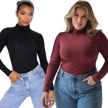 Imagem de Kit 2 Blusa Feminina Cacharrel Justa Manga Longa Gola Alta Basica Frio