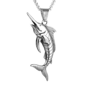 Imagem de Colar masculino e feminino gótico punk hip-hop com pingente de peixe-espada, aço inoxidável 316L, corrente quadrada de pérola de aço inoxidável prata, joia vintage de amuleto, Standard, Aço