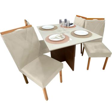 Imagem de Mesa de Jantar Helo 90x90cm em Veludo com 4 Cadeiras California Poliman Cor Off White com Assento Bege