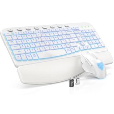 Imagem de SABLUTE Combo ergonômico de teclado e mouse sem fio – teclado Wave com descanso de pulso de couro macio, teclas resistentes, conjunto recarregável com retroiluminação RGB para PC/Mac/Chromebook