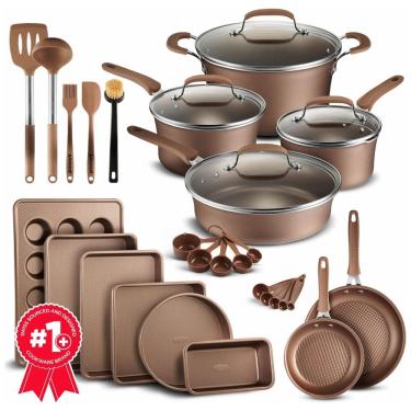 Imagem de Conjunto de Panelas e Frigideiras Antiaderentes em Alumínio com Utensílios, 23 Peças, BAKKEN Swiss, Bronze