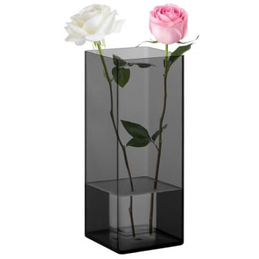 Imagem de Suream Vasos de acrílico para flores, 10 cm L x 25 cm A Vaso retangular para decoração de mesa de centro de casamento, suporte de vela flutuante cinza escuro para decoração de casa de mesa de festa