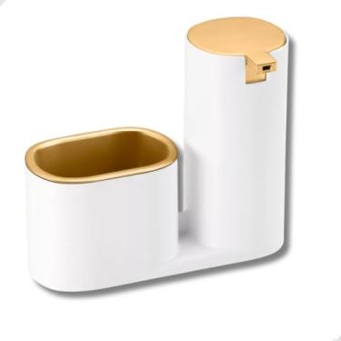 Imagem de Porta Detergente Líquido com Dosador 2x1 Bucha Esponja, Branco com Dourado
