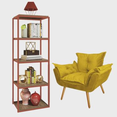 Imagem de Kit Poltrona Fatte com Estante Livreiro Ferro Bronze mdf Nogal Suede Amarelo - Ahazzo Móveis