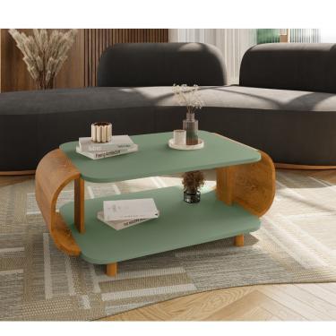 Imagem de Mesa de Centro Oval com Pés de Madeira Maciça Floripa Bechara - Pistache/Naturalle