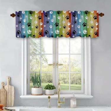 Imagem de Cortina de sanefa de pata de cachorro para cozinha, estampa de animal fofo, padrão rústico, colorido, painel de madeira, cortinas de janela para decoração de escritório, quarto, sala de estar, 137 x