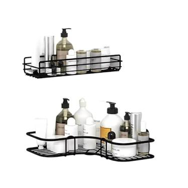 Imagem de Kit 2 Prateleiras Suporte Com Alto Adesivos Para Parede Banheiro Cozinha Lavanderia Shampoo Sabonete(RETANGULAR + CANTO)