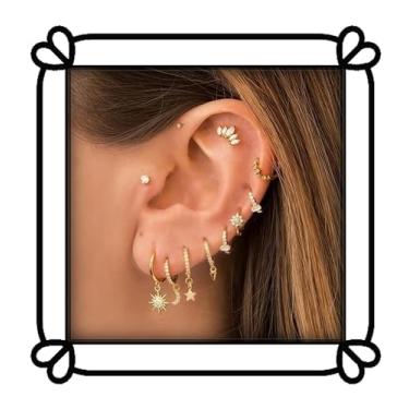 Imagem de DIONFEI Conjunto de joias perfuradas de zircônia cúbica 18K - Brincos de orelha de lua e pingente de estrela do sol - Conjunto de 10 peças de orelha única de prata pura, Metal, Sem Pedra Preciosa