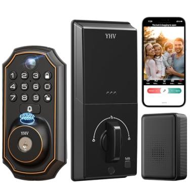 Imagem de Fechadura de porta de entrada sem chave com câmera de impressão digital fechadura inteligente com controle remoto de aplicativo, código de teclado eletrônico conectado por Wi-Fi, fechadura automática