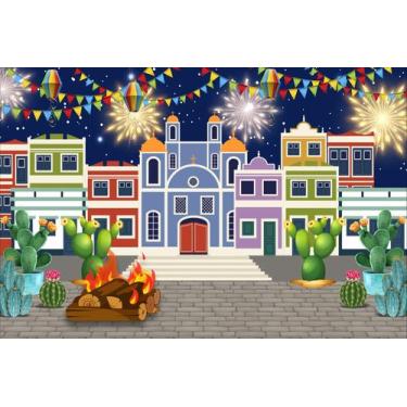Imagem de Painel de Lona Festa junina arraia casas fogueira cactos bandeirinhas 