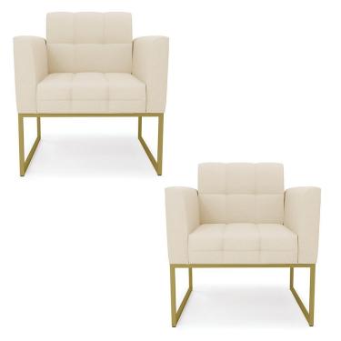 Imagem de Kit 2 Poltronas Elisa Linho Base Metálica Industrial Dourada - D'rossi Cor A19 Bege