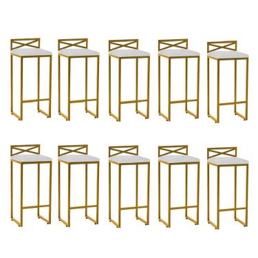 Imagem de Kit 10 Banqueta Alta Com Encosto Ema Balcão Ferro Dourado Sintético Branco