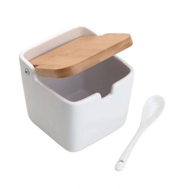 Imagem de Saleiro De Mesa De Cerâmica Com Tampa De Bambu Bianco 10x11x10cm 5775 - Lyor