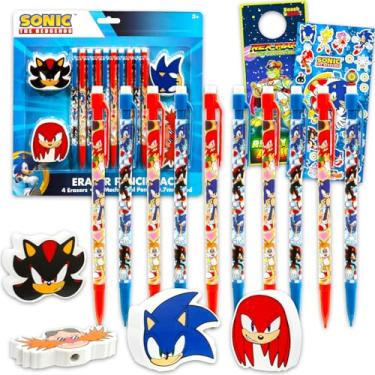Imagem de Sonic The Hedgehog Conjunto de 10 lápis mecânicos para sala de aula – Pacote de material escolar com 10 lápis, 4 borrachas, mais adesivos, mais | Material escolar sônico para crianças, meninos e
