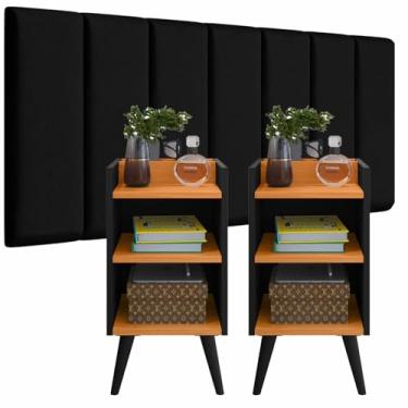 Imagem de Conjunto Quarto 2 Mesas de Cabeceira com Nicho e Prateleira Max + Cabeceira Modular Adesiva p/Cama Box 0,90 até 1,95m (Placas Preto/Kit Max Preto, Casal 1.40 (7 Placas))