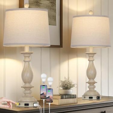 Imagem de CINSARY Conjunto De 2 Abajures Altos Estilo Fazenda Para Sala Estar, Abajur Cabeceira Rústico Bege Vintage Com Portas Usb C+A E Tomada Ca, Mesa Resina Regulável 3 Vias, Entrada Quarto Escritório