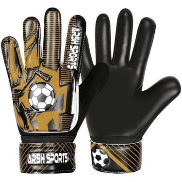 Imagem de Arsh Sports Luvas De Goleiro Futebol Para Crianças, Juvenil, Meninos E Meninas, Palma Látex 4 Mm, Antiderrapante, Proteção Dupla Pulso Super Gip (Preto-Dourado, Tamanho 4, Adequado Crianças 6 A 9 An