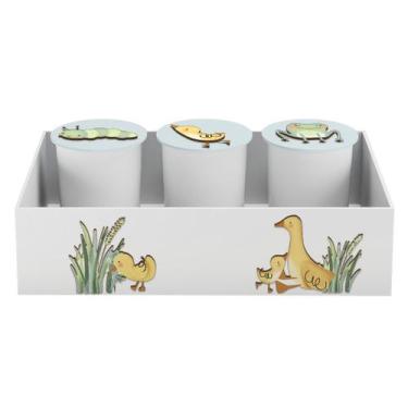Imagem de Trio de Potes e Bandeja Kit Higiene MDF Patinhos - Neném na Nuvem, AZU