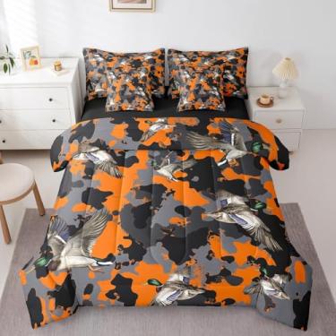 Imagem de jejeloiu Conjunto de edredom infantil casal de pato-real laranja com estampa de pato selvagem, camuflagem, estilo militar, caça, animais selvagens, 7 peças, macio, para decoração de quarto