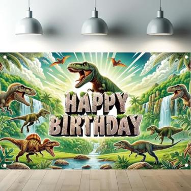 Imagem de Starlit Patio Dinossauro Feliz Aniversário Banner Pano de Fundo Jurássico Jungle Party Decorações Realistas T-Rex Cachoeiras Cena Pré-histórica Adereços Decorações Fundo de Fotografia 70,8 x 43,3
