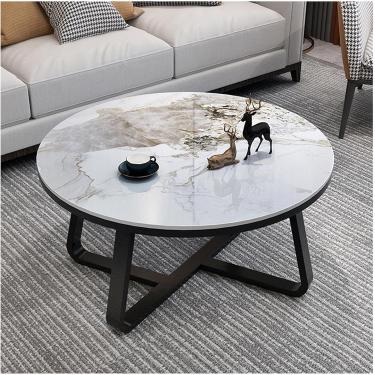 Imagem de Mesa de centro redonda com moldura de metal resistente, mesas de centro redondas de mármore modernas para sala de estar, escritório, casa, B, 50 x 50 x 45 cm
