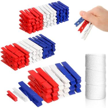 Imagem de AmazingSpark 120 peças de prendedores de roupa de madeira 4 de julho, 3 alfinetes de roupas de tamanhos diferentes com corda de juta branca de 100 m, clipe de foto patriótica para fotos de artesanato