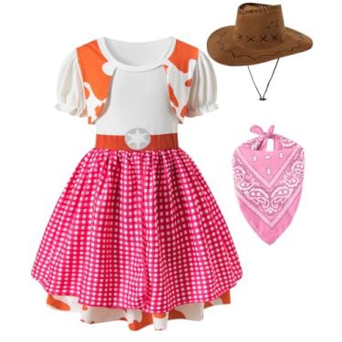 Imagem de DANBAIEGG Vestido de vaqueira infantil com bandana de chapéu de cowboy (rosa, 2T)