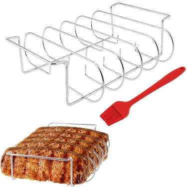 Imagem de Rack de costela de aço inoxidável para fumar e grelhar, comporta 4 suportes de costela para grelhar e churrasco, rack de churrasco ao ar livre com escova de óleo, rack de defumador antiaderente para
