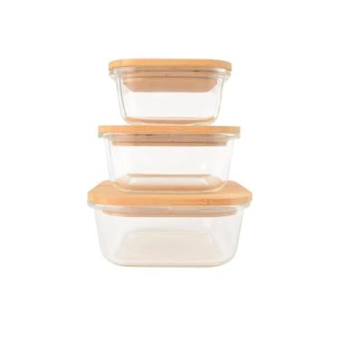 Imagem de Conjunto Pote Vidro Hermético Refratário Tampa De Bambu Kit Porta Mantimentos