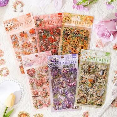 Imagem de Kit de adesivos de scrapbook de flores vintage, 360 peças, botânico, floral, transparente, à prova d'água, conjunto de adesivos para lixo, diário, garrafas de água, celular, laptop, decalques para