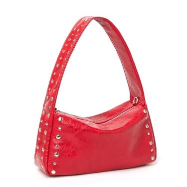 Imagem de Kamsyluci Bolsa feminina Y2k com pregos, bolsa tiracolo de ombro preta, linda bolsa de couro vegano moderna, Vermelho
