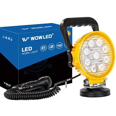 Imagem de Barra de luz LED magnética WF com base, luz de trabalho alimentada por isqueiro de cigarro, lâmpada de feixe de inundação portátil de 27 W para caminhão, trator, trailer, carro, barco, engenharia off-road, manutenção de veículos, acampamento, redonda