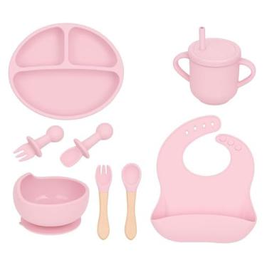 Imagem de Kit Introdução Alimentar Bebê 8 Peças Silicone – Livre de BPA, Atóxico, Antibacteriano – Colher, Garfo, Copinho, Pote e Pratinho – Seguro, Colorido e Flexível (Rosa)