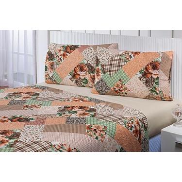 Imagem de Jogo Lençol 4 Peças Queen Estampado Patchwork Cáqui 100% Algodão 200 Fios Ponto Palito (Cáqui, 35cm)