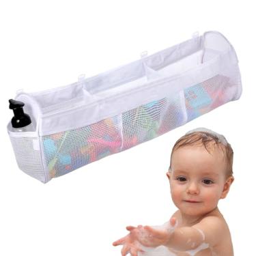 Imagem de Suporte de armazenamento de brinquedos para banheira – Armazenamento horizontal de brinquedos de banho com 3 compartimentos, organizador de brinquedos de banho de malha de fácil acesso com 4 ganchos
